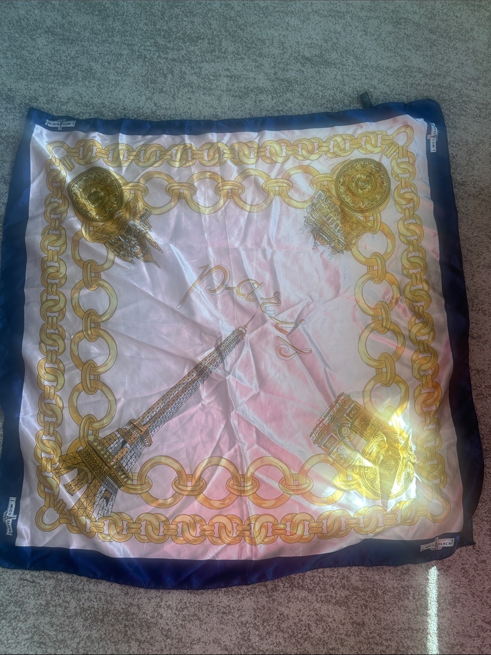 J. Mico Sancho Paris VTG Silky Souvenir Square Graphic Scarf